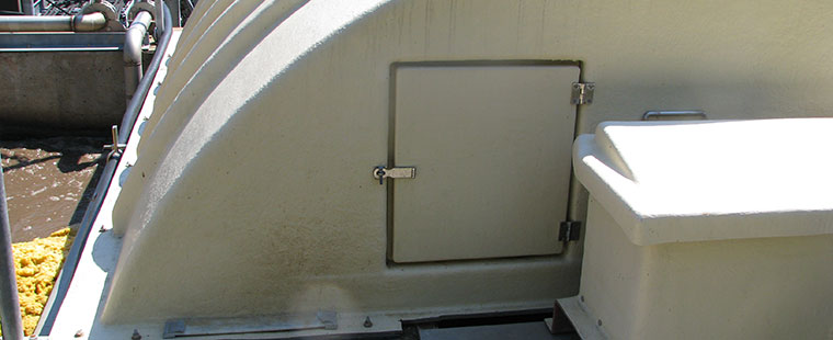 Dura-Tech fiberglass domed cover with access door and hinged design for tank or enclosure
